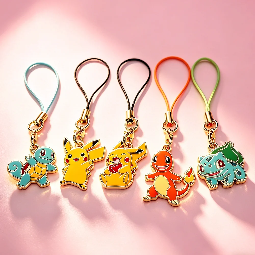 5 Peças Novas de Pingentes de Celular Pokémon Pikachu, Chaveiros de Anime Charmander, Squirtle, Bulbasaur, Pingente de Metal Esmaltado com Cordão para Presente de Fãs
