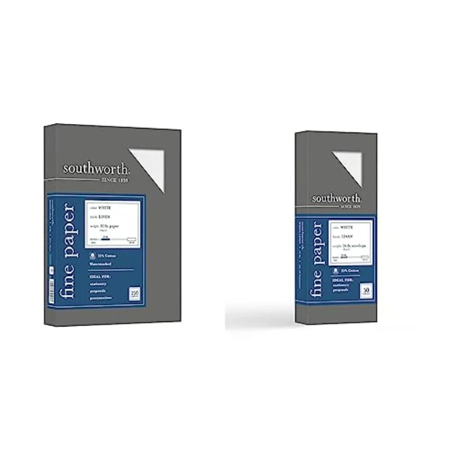 

25% Cotton Business Paper 8.5" x 11" 32 lb/120 GSM Linen Finish White 250 Sheets and 25% Cotton #10 Envelopes 4.125" x 9.5" 24