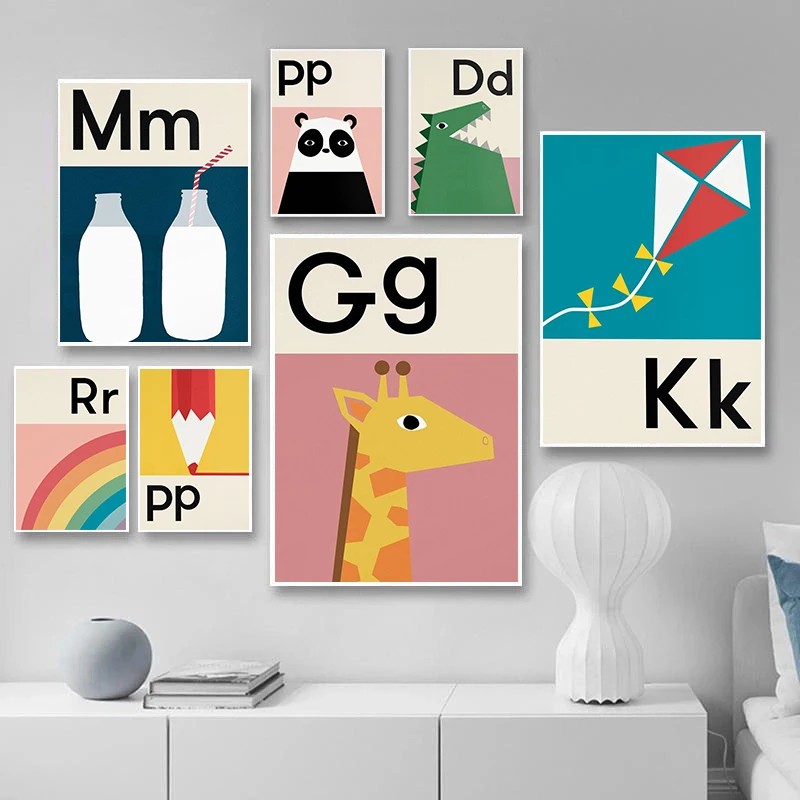 1pc frameless Canvas Painting  Children's English Education Alphabet Posters Pear Cake Illustration Prints Canvas Painting Wall