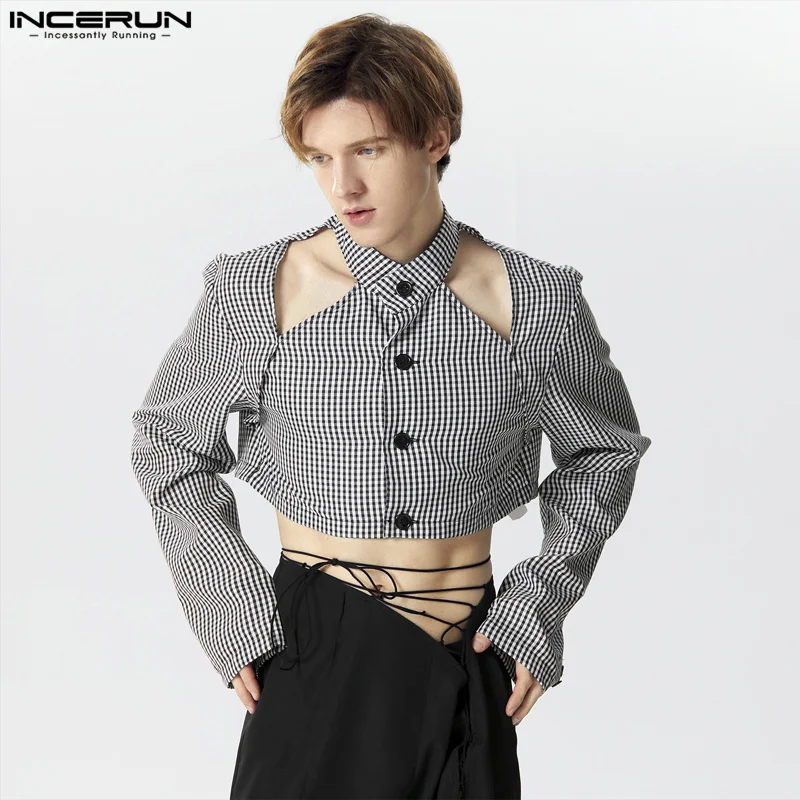 INCERUN 2024 Men\'s Plaid Shirt Stand Collar Long Sleeve Button Hollow Out Fashion Male Crop Tops Streetwear Casual Camisas S-5XL