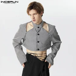 INCERUN 2024 Men's Plaid Shirt Stand Collar Long Sleeve Button Hollow Out Fashion Male Crop Tops Streetwear Casual Camisas S-5XL