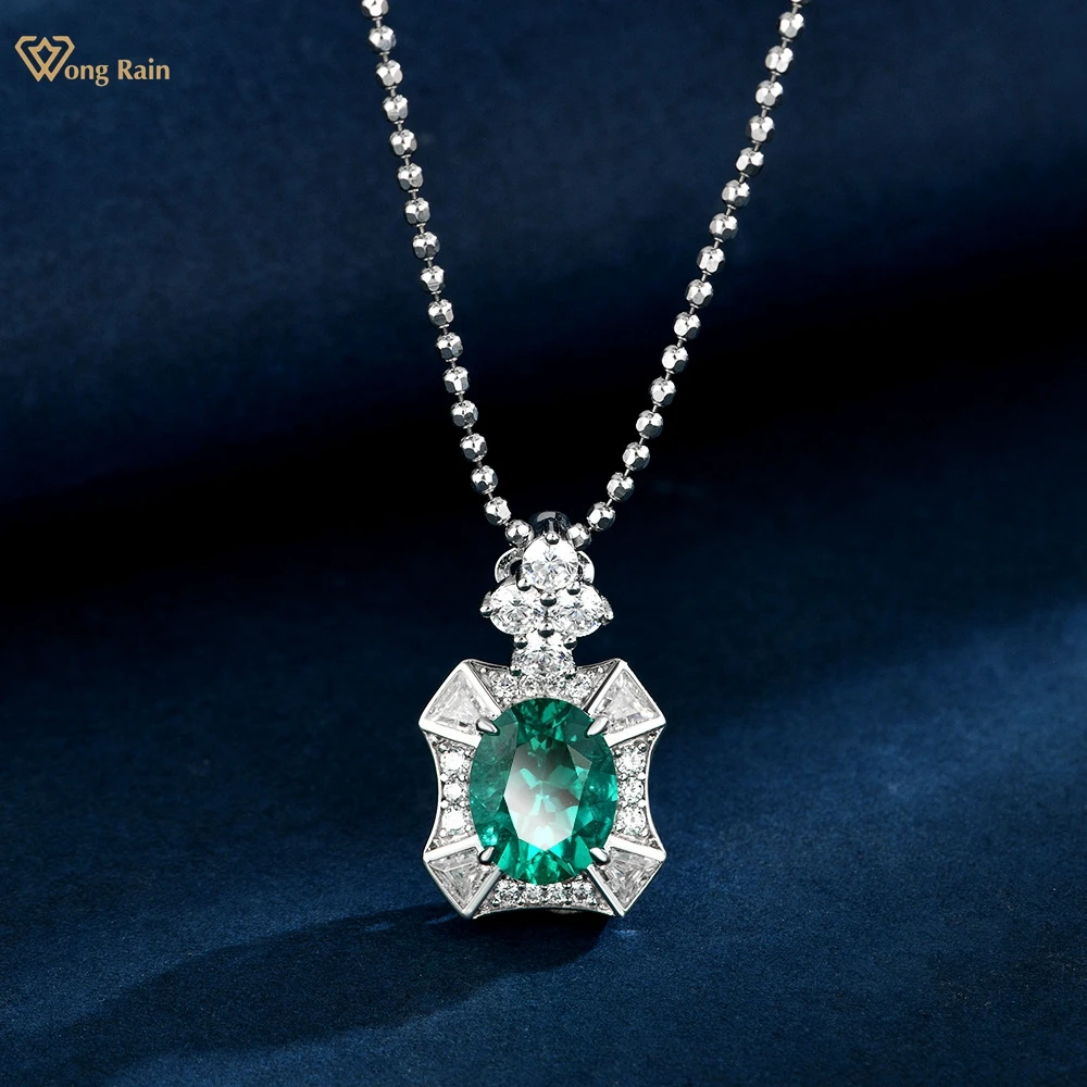

Wong Rain Vintage 925 Sterling Silver Oval Cut 8*10 MM Emerald Sapphire High Carbon Diamond Gems Pendant Necklace Fine Jewelry