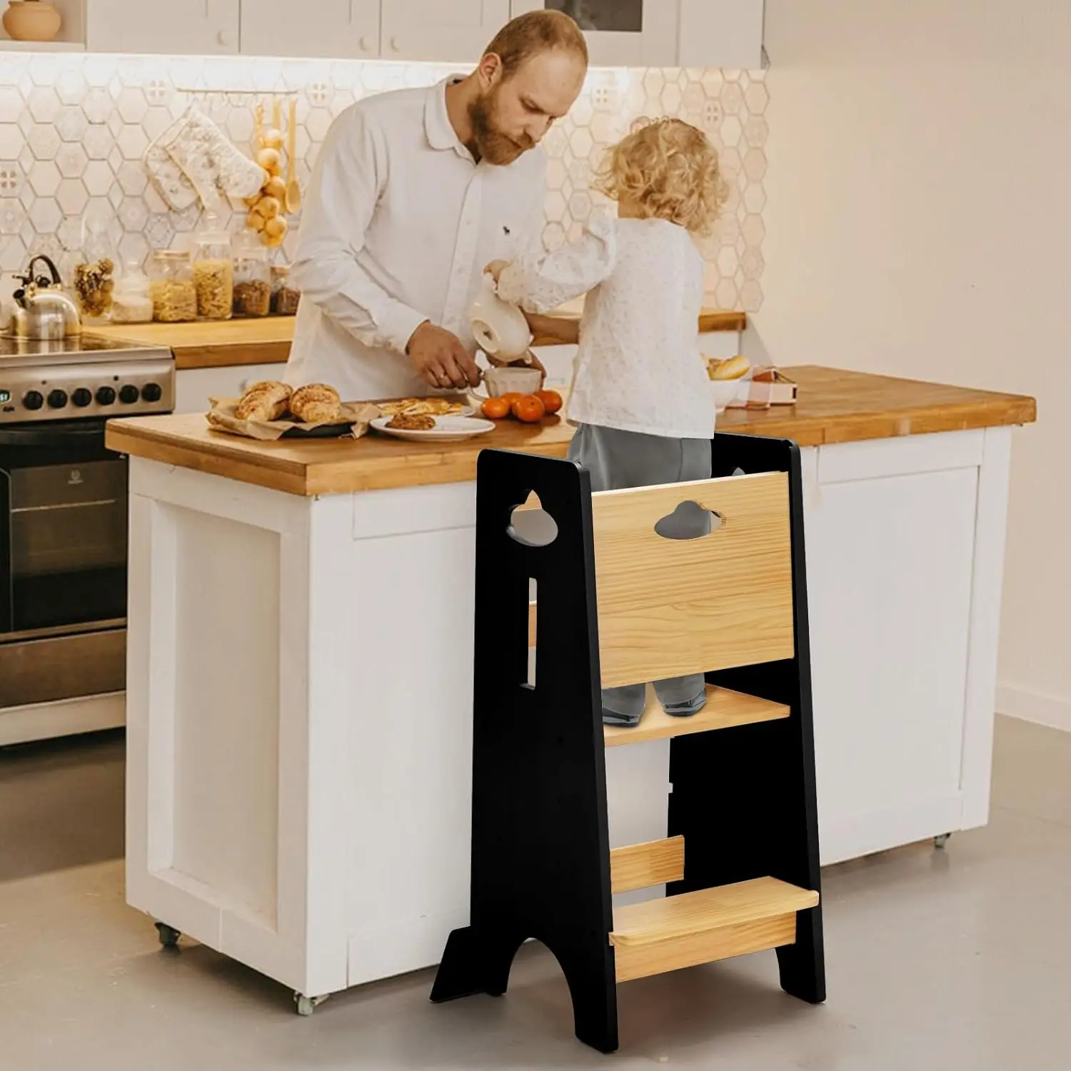 Toddler Standing Tower Adjustable Height - Super Stable Toddler Kitchen Stool Helper - 3 Levels Adjustable Wooden Toddl