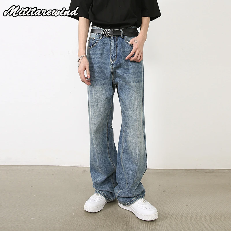 

Hip Hop Streetwear Retro Washed Blue Jeans Men Mid-waist Casual Straight Wide Leg Pants Baggy Jeans Distressed Denim Trousers