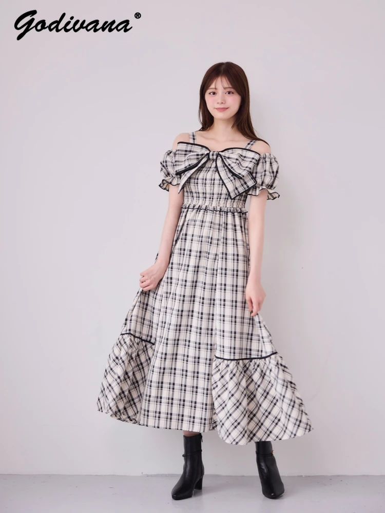 

New Summer Japanese Style Women's Sweet Big Bow Strapless Plaid Dress Girls Female Short Sleeve Elegant Off Shoulder Long Dress