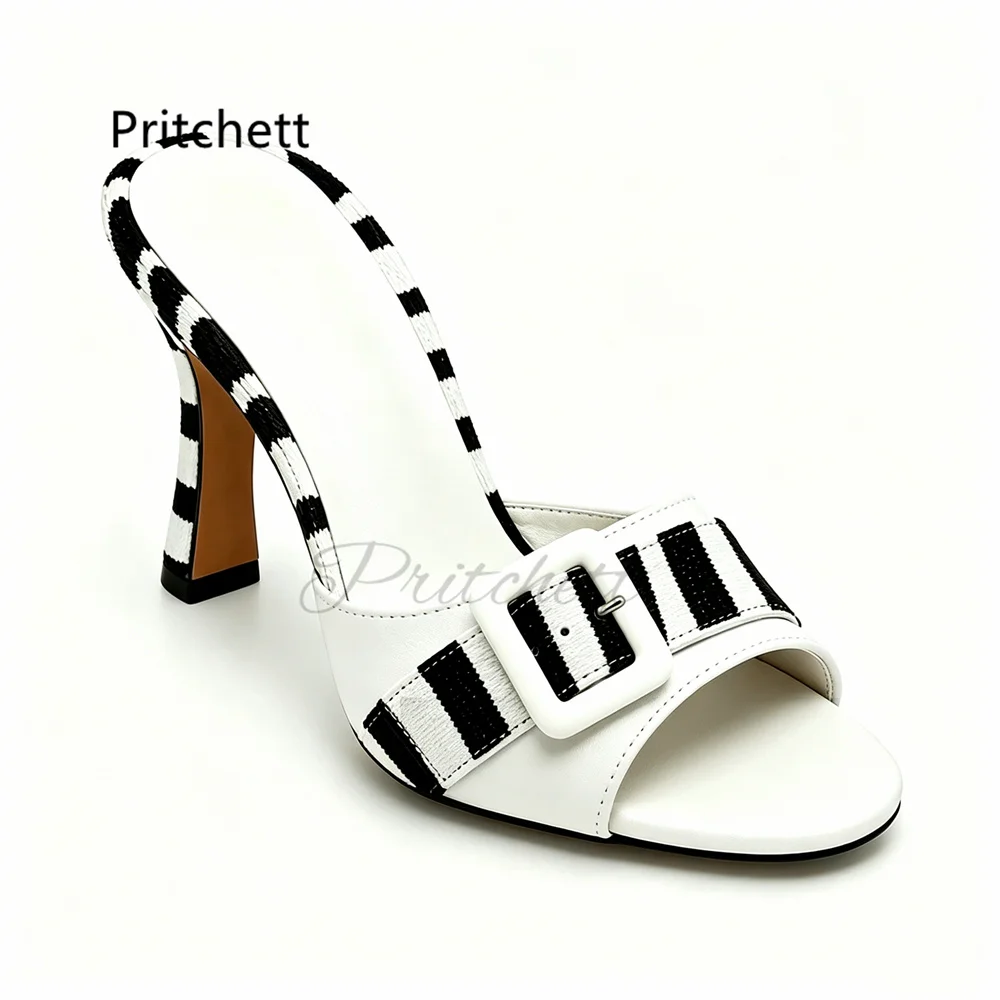 

Women's Belt Buckle Horsehair Leather Slippers Open Round Toe Black White Prints Zebra Stripes Mules Summer High Heels Shoes
