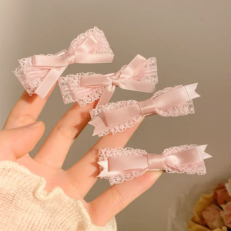 1pair Pink Ribbon Hair Bows Clips Lace Cute Headdress Zircon Bowknot Hairpin Girls Loli Cosplay Hair Accessories