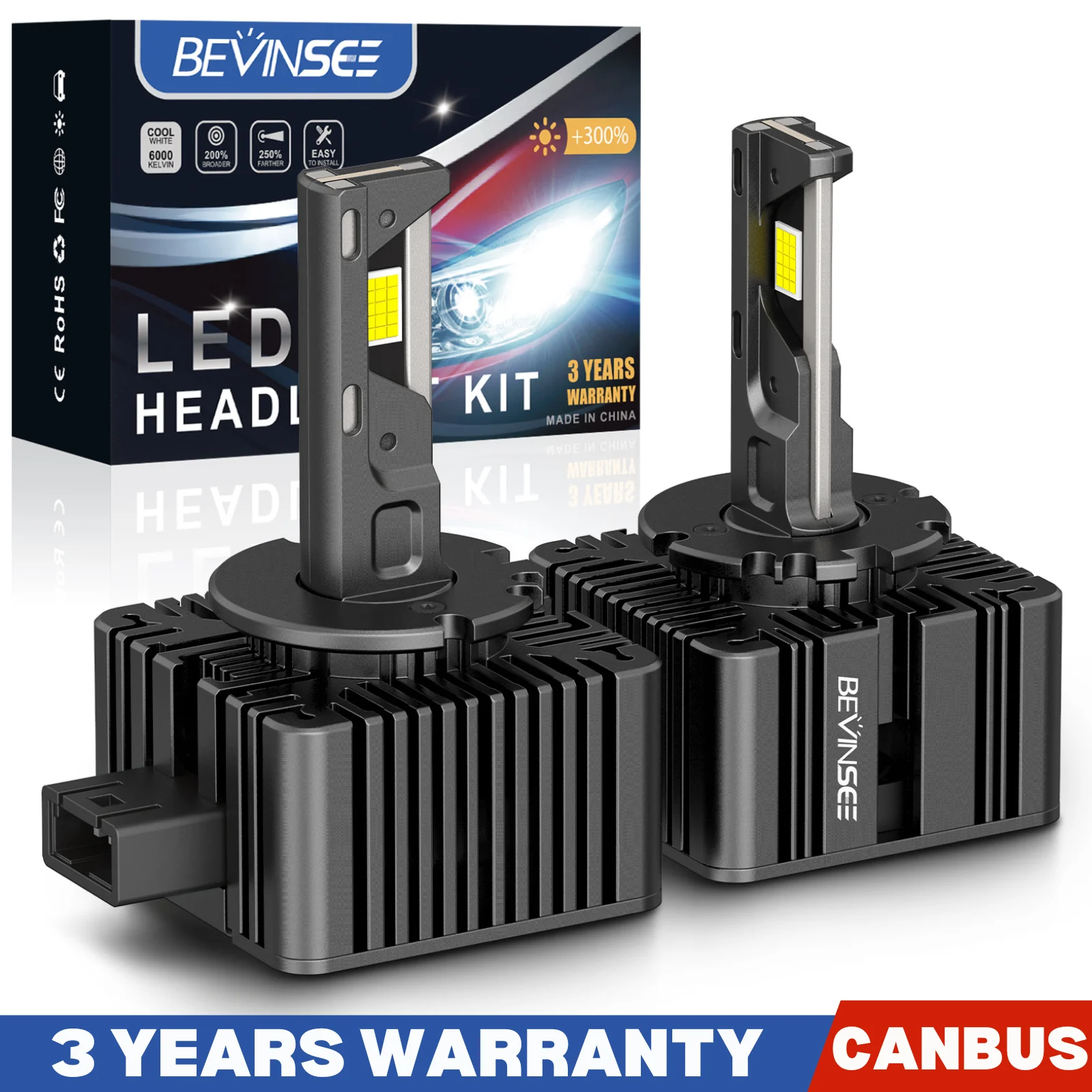 

BEVINSEE D1S D3S LED CANBUS Headlight Bulbs D2S D2R D5S D1R D3R Auto Lamps 1:1 HID Replacement Plug&Play 80W 8000LM Turbofan 12V