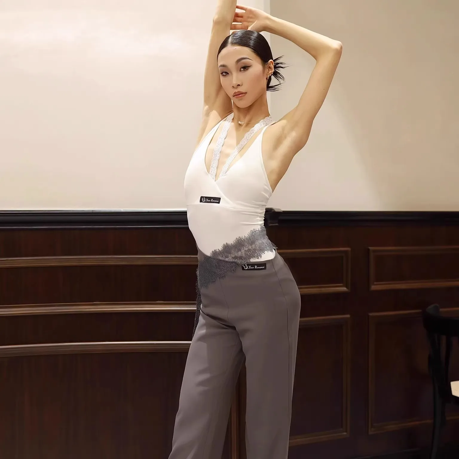 여성 성인 라틴 댄스 국가 표준 의상 연습복 라틴 댄스 의상 캐미솔 탑 레이스 팬츠