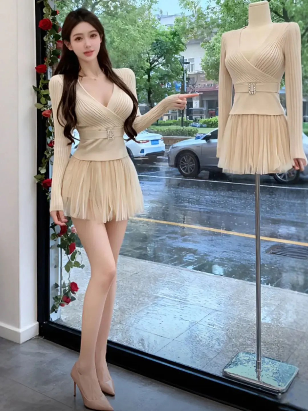 

Уникальный комплект с V-образным вырезом: молодежный элегантный комплект из двух предметов, удобный вязаный топ с длинными рукавами и юбка с завышенной талией.