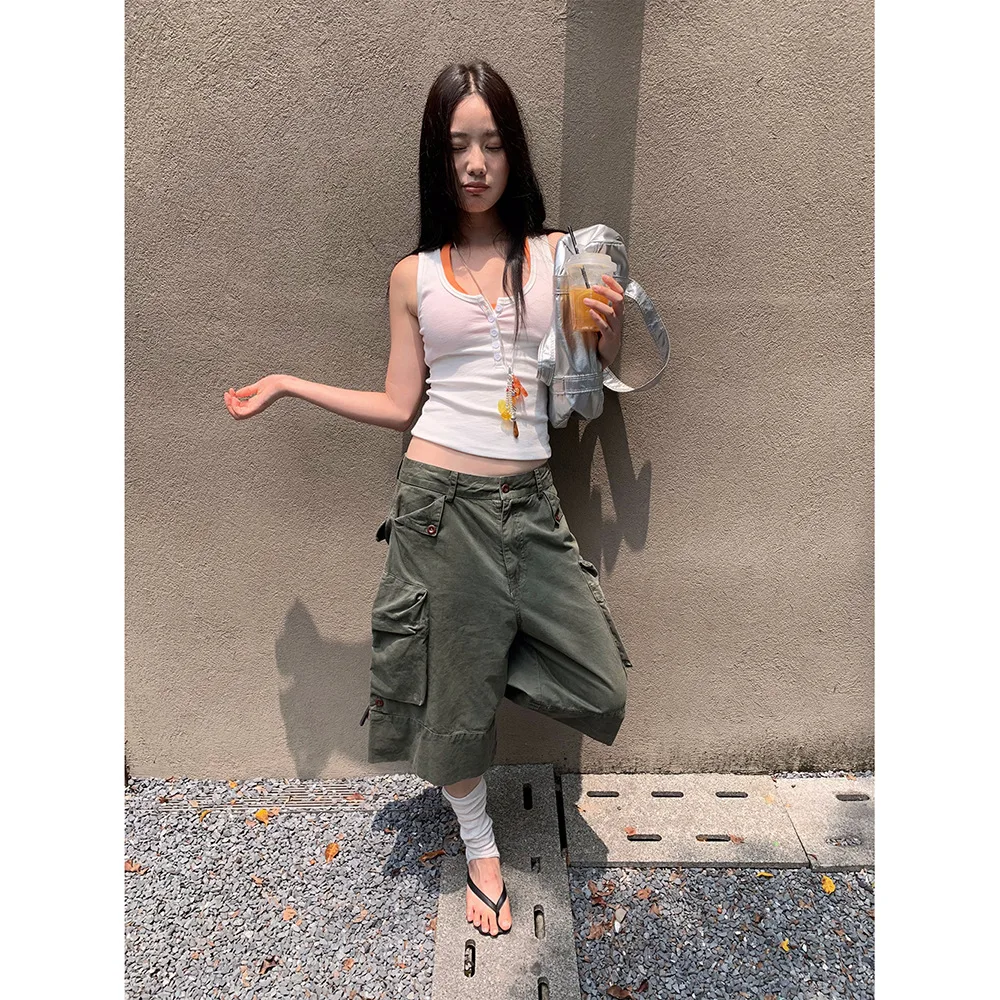 Calças de brim de carga mulheres na altura do joelho calças de perna larga cintura baixa vários bolsos vintage lavado angustiado streetwear verão 2025 denims