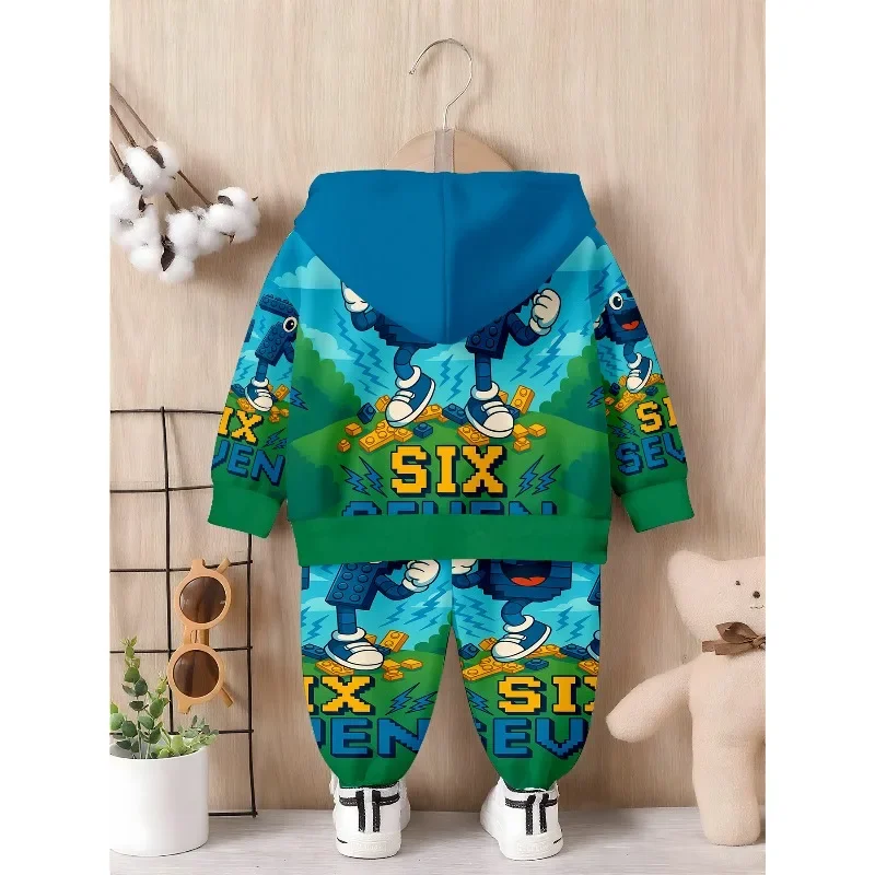 Boys Hoodie Jogger Tracksuit, Brick Six Seven Cartoon Print, Portugal Ronaldo 7 Graphic, Black 67 Lightning Letter Sport Outfit