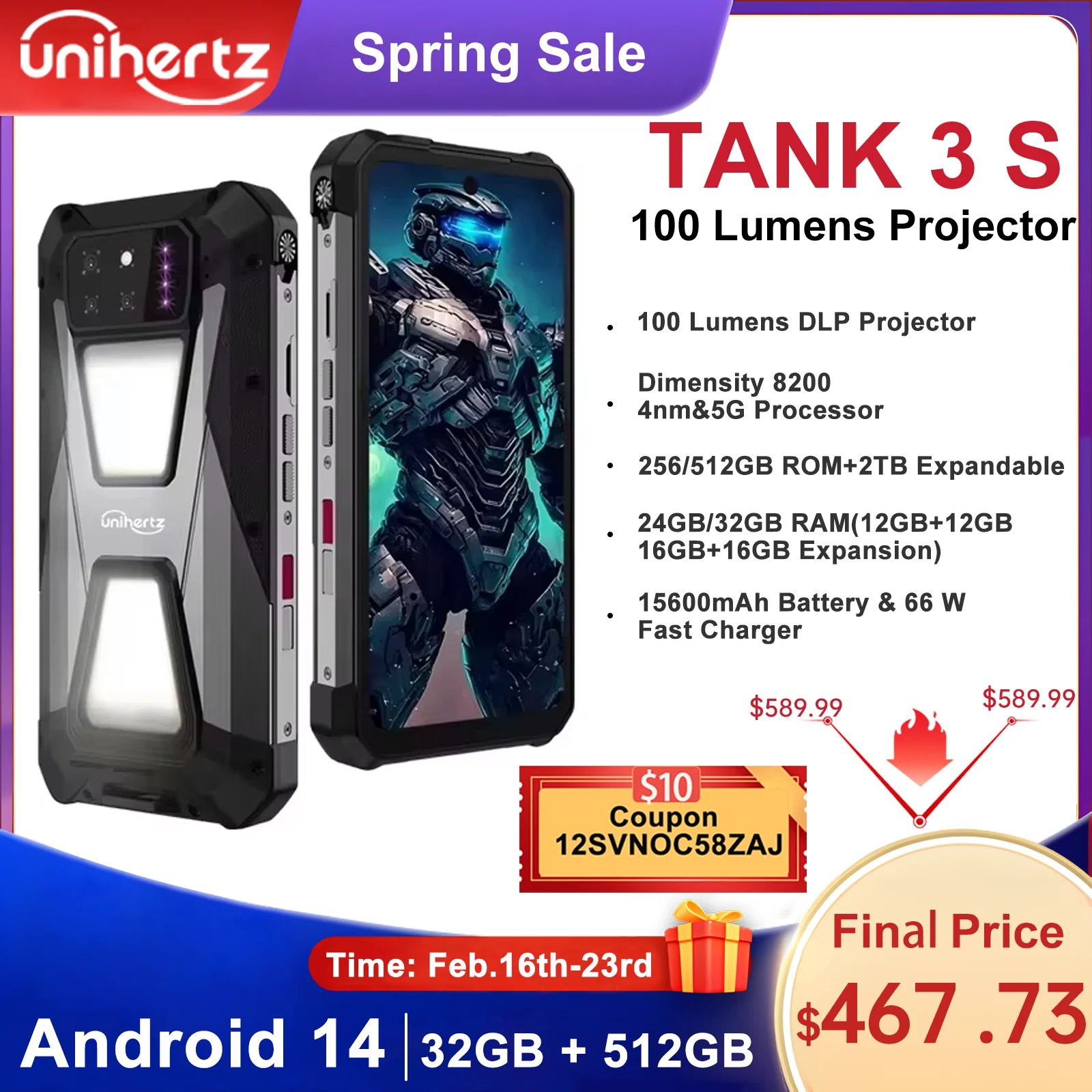 Unihertz tank 3s 8849 powered phone with projector 24/32GB 256/512GB Dimension 8200 cellphone 15600mAh 66W smartphones