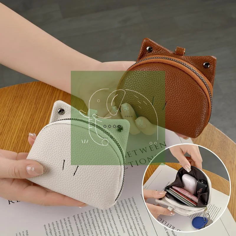 Mini PU Leather Coin Purse Lovely Cat Ear Design Soft Smooth Zipper Small Change Holder for Women Students Daily Shopping