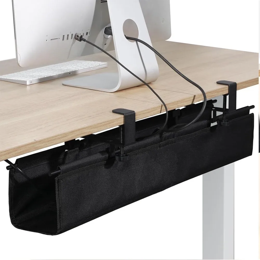 Under Desk Cable Management Tray Clamp On Organizer for Cords For Storage with Iron Frame and Cloth Base Black 1pc