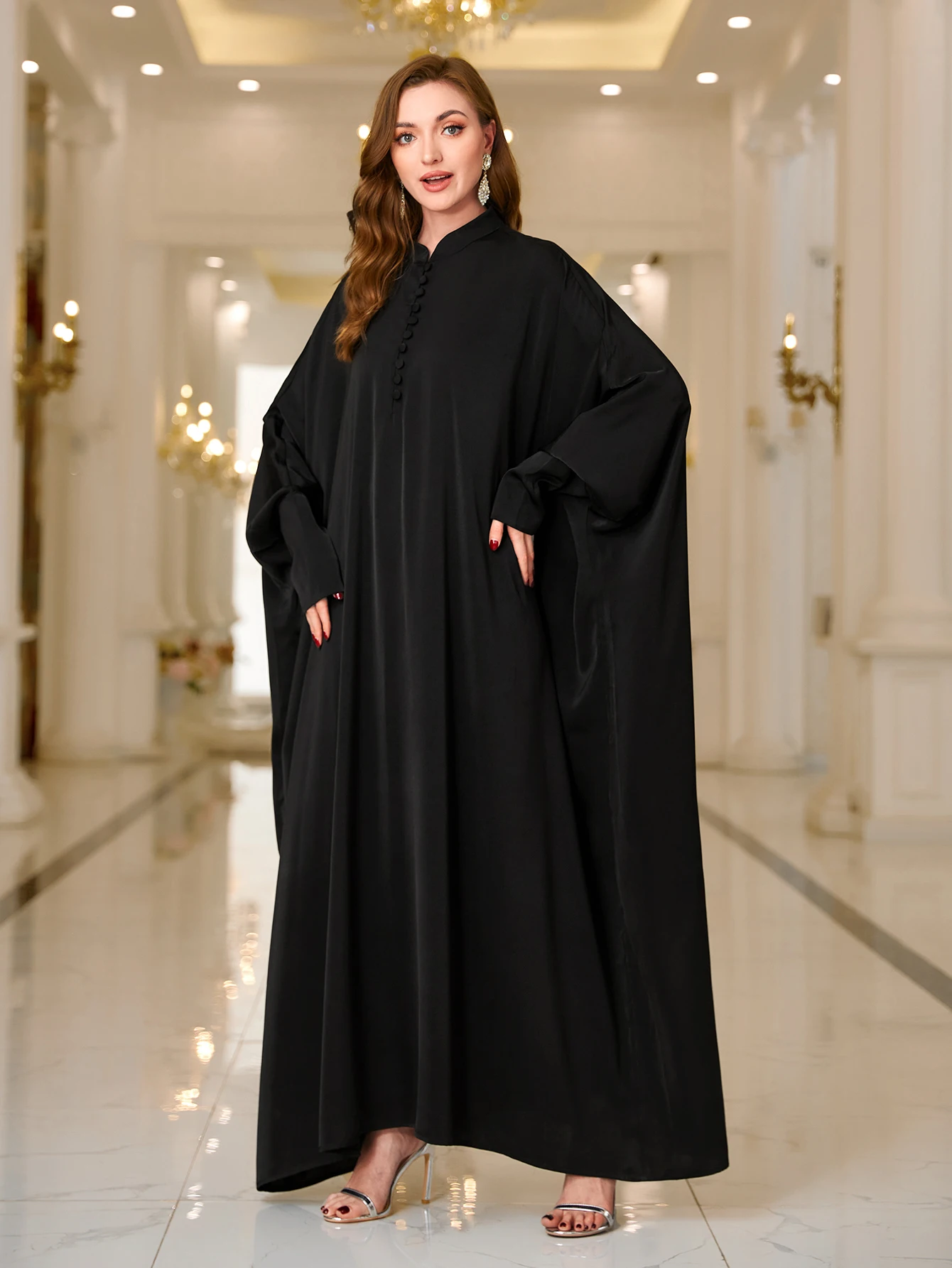 Ramadan Abaya Kaftan Sukienka dla kobiet, skromna sukienka maxi z rękawami w kształcie skrzydła nietoperza, jednolity kolor, guziki z przodu, odzież damska