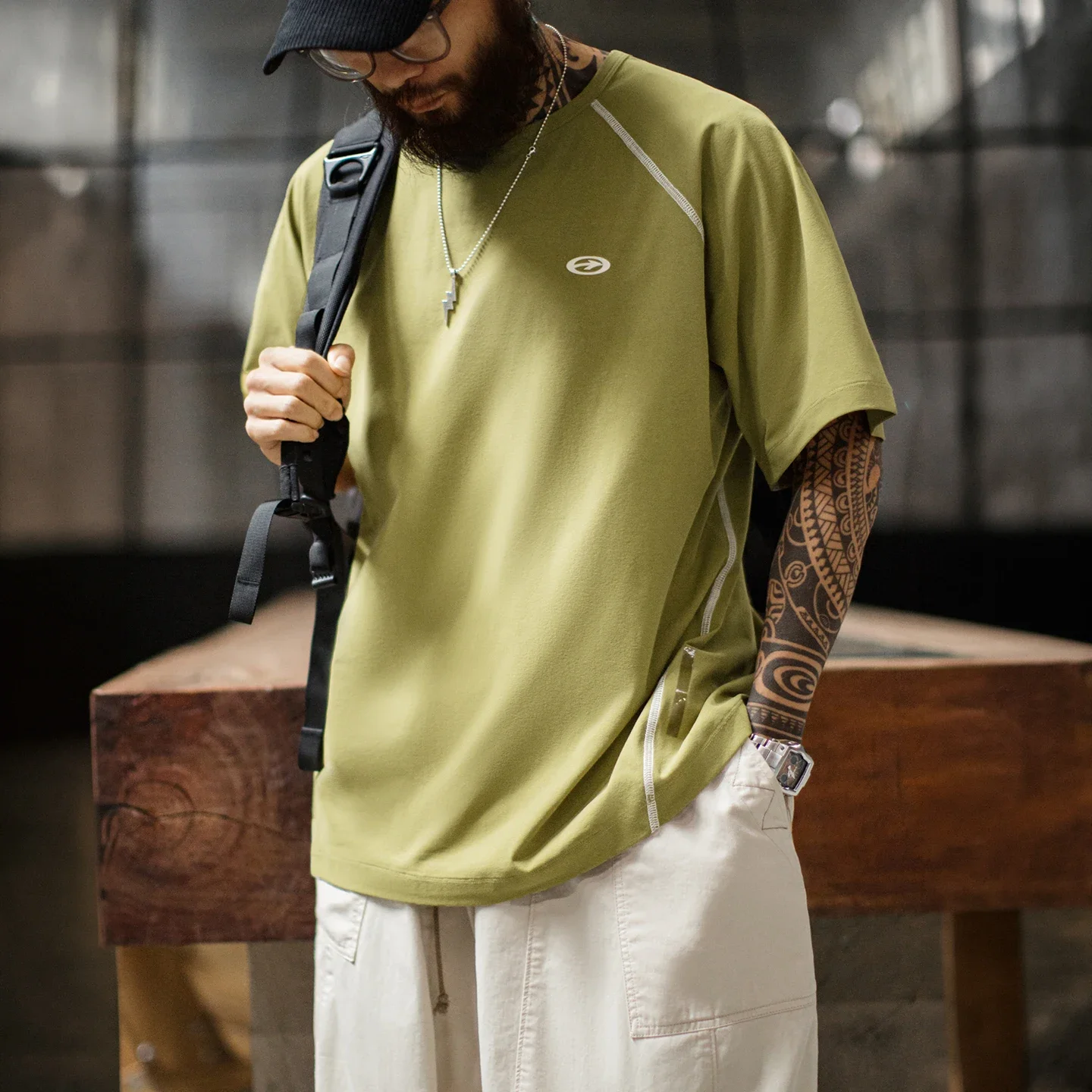 Maden Men Color Block Cool Touch Sun Protection T-shirt American Retro Workwear Quick Dry Breathable Short Sleeve Sports Tops