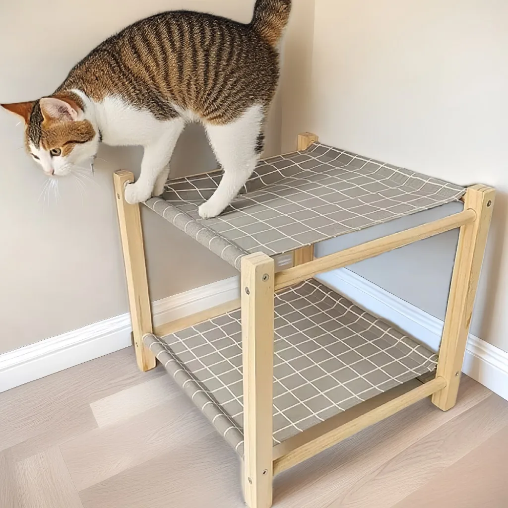 

2025 2-Tier Pine Cat Hammock - 17x17 Inch Elevated Perch with Sturdy Frame, Indoor Cat Bed & Lounge for Large Cats