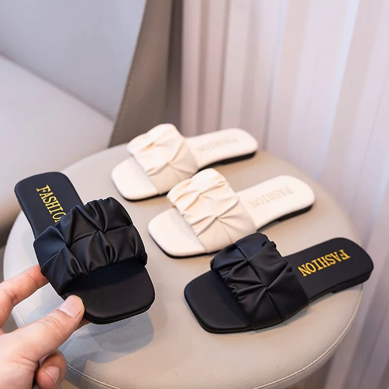 Girls Pleated Slippers Children Flats Princess Slippers Anti-Slippery All Match Little Kids Summer Beach Shoes 2024 New
