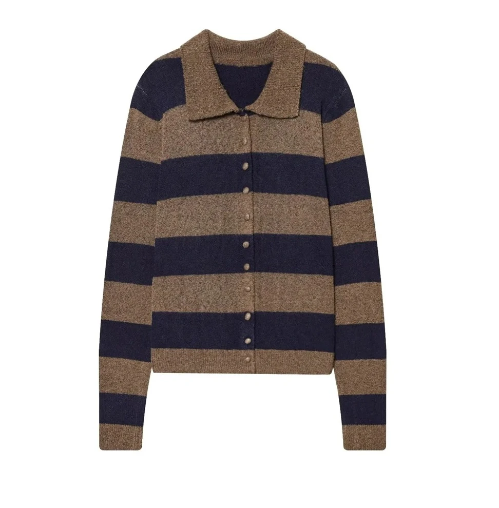 

Autumn and winter women's college style long sleeved polo collar striped knitted warm and comfortable sweater
