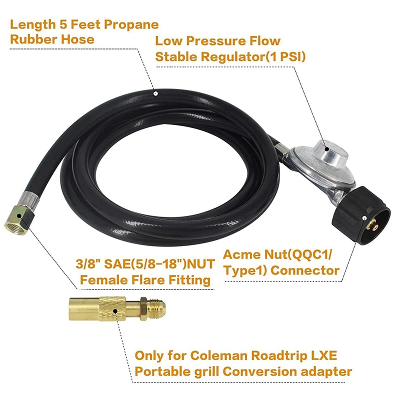 2X 5Ft Propane Adapter Hose And Regulator Replacement Kit For Coleman Roadtrip Grills,QCC1 Low-Pressure Propane Adapter