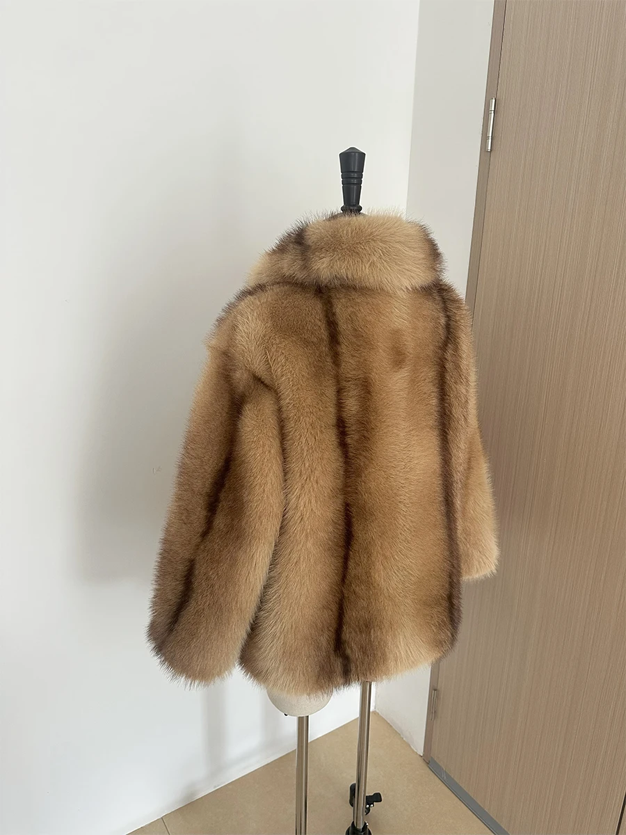 Brown Stripes Gradient Premium Faux Fox Fur Coat Women’s Fashion Iconic Plush Outwear High Street Vintage Cozy Everyday Outfit