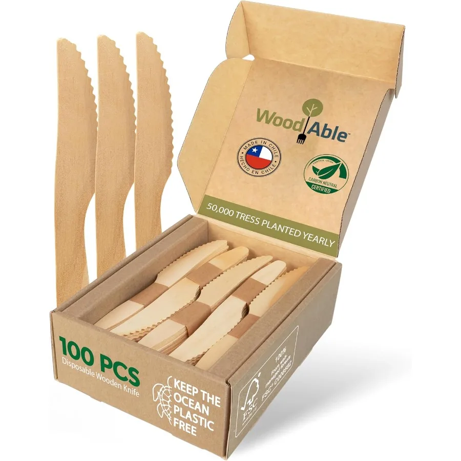 

Disposable Wooden Cutlery Set 100% Home Compostable 100 Knives 6.5" Bamboo Utensils Alternative EcoFriendly Organic Sustainable