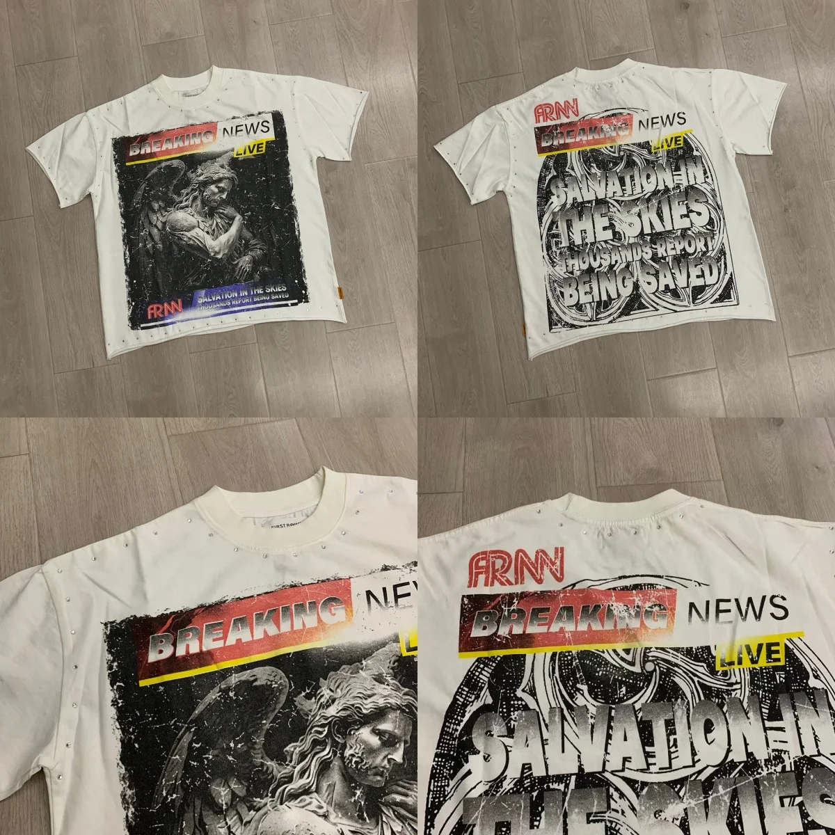 High Quality Oversized White Rhinestone Tee Men FIRST ROW Breaking News Print T-shirt Retro Streetwear Loose Casual T shirt
