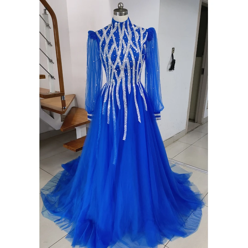 Abiti da sera musulmani Vintage per donna collo alto manica lunga con abito formale in rilievo Puffy Tulle arabo Dubai Prom Dress