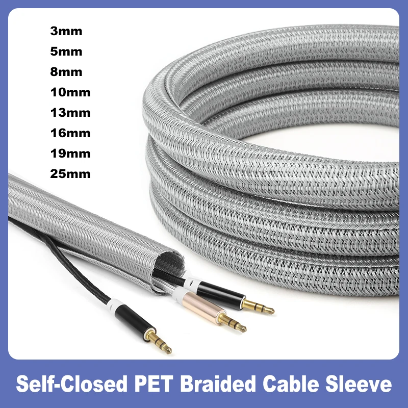 

1~50M Grey Self-Closed PET Braided insulated Sleeve 3/5/8/10/13/16/19/25mm USB Power Wire Protection Split Wrap Sheath Sleeving