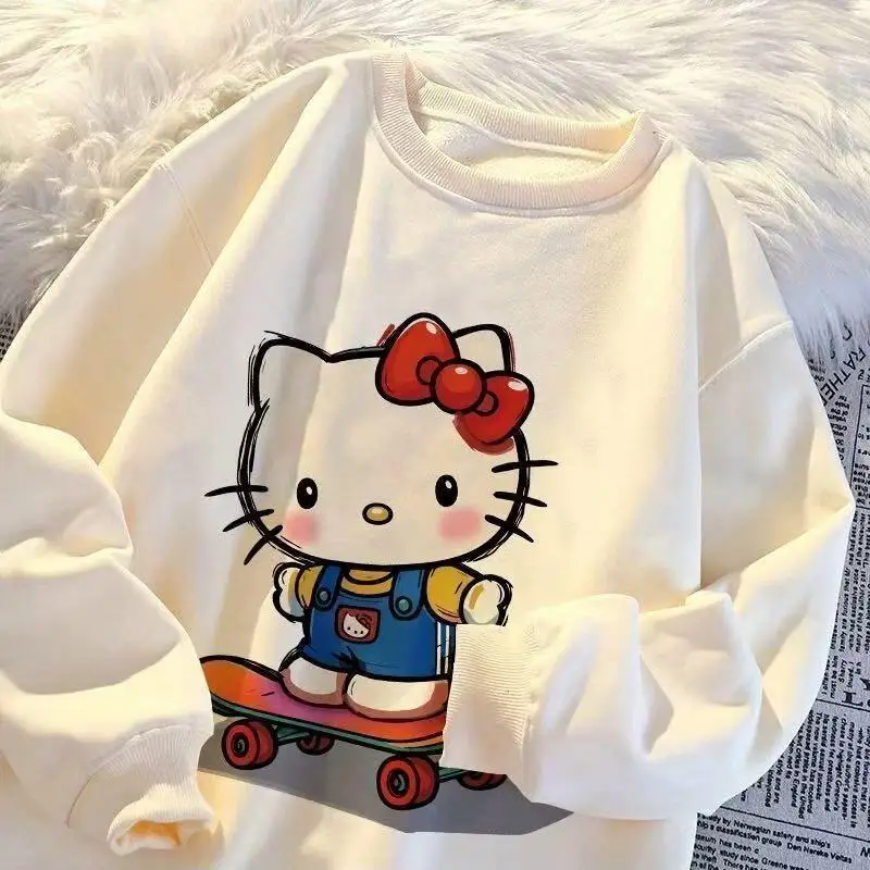 

Женская футболка Sanrio Hello Kitty, спортивная толстовка с флисовой подкладкой, осенне-зимняя, в японском стиле, с круглым вырезом, средней длины