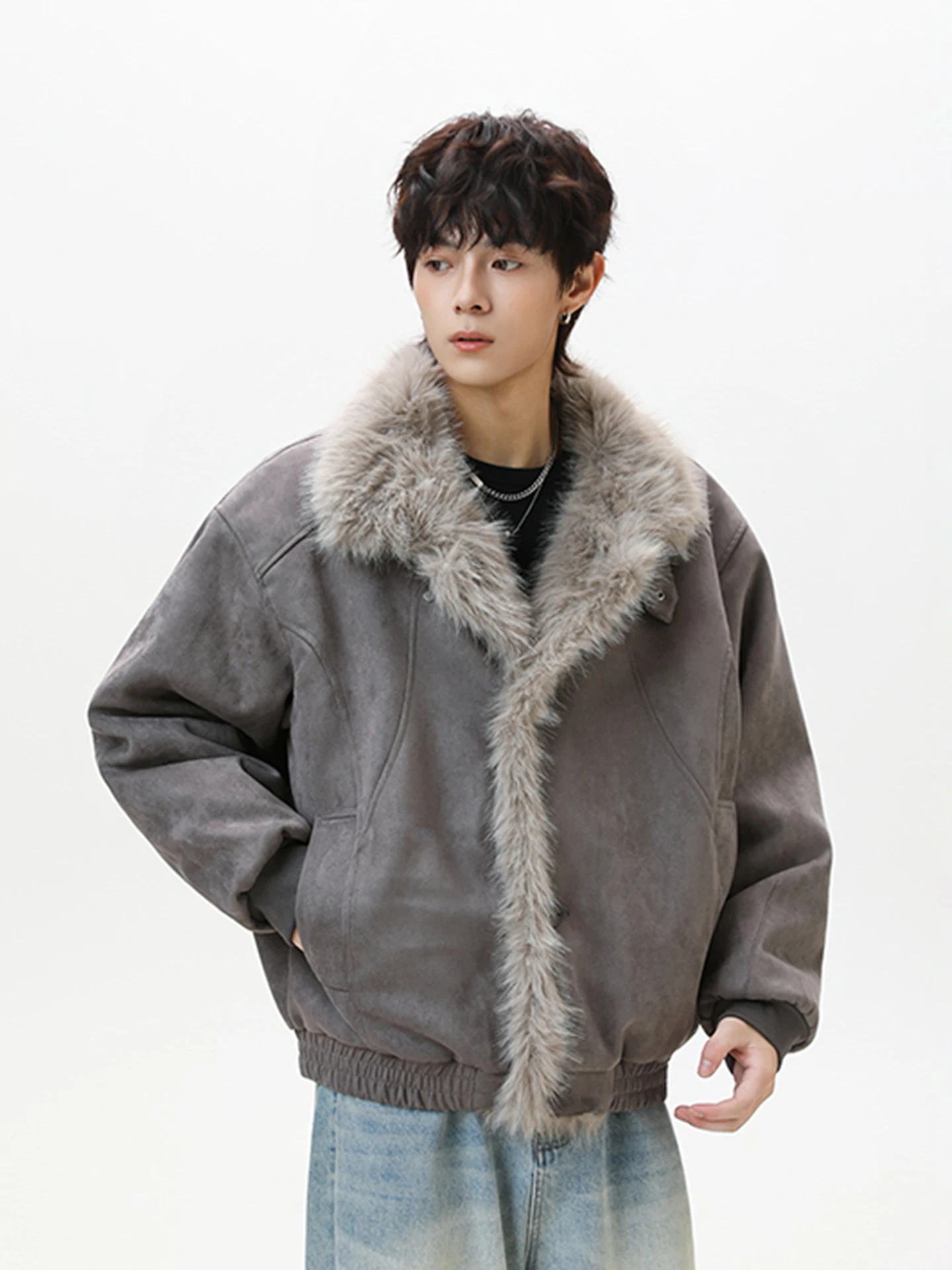 

Retro American Suede Jaet Men's Winter Thiened Faux Fur Collar Warm Inner Fce Cotton Coat Youth Trendy High-End Feeling