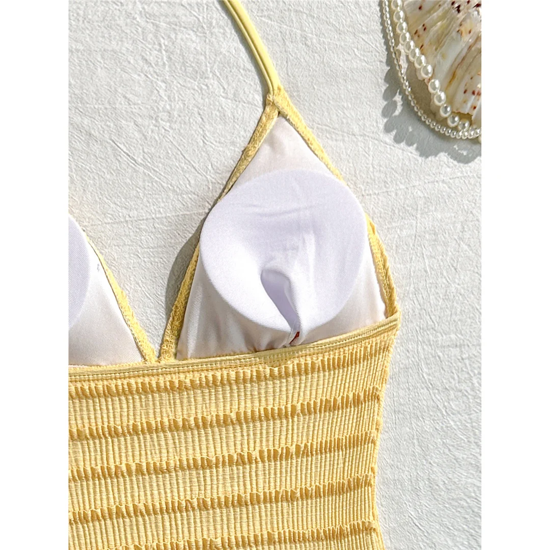 Neuer einteiliger Badeanzug mit V-Ausschnitt und Neckholder, bedruckt mit Seesternmotiv, Damen-Badebekleidung, Damen-Badeanzug mit gerafftem, hoch geschnittenem Beinausschnitt, Badeanzug, Modell V8431. – Detail 14
