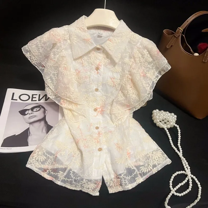 Elegant Embroidered Lace Shirt Women's Summer Sweet  Collar Fashionable Vest Top Short Sleeve Breathable Skin-friendly