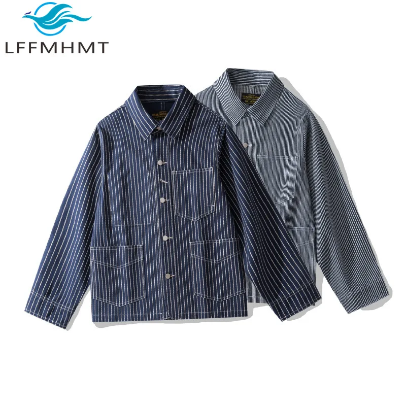 100% Cotton Good Quality Cargo Shirt for Men Winter Spring Fashion Classical Striped Long Sleeve Loose Casual Basic Denim Coats