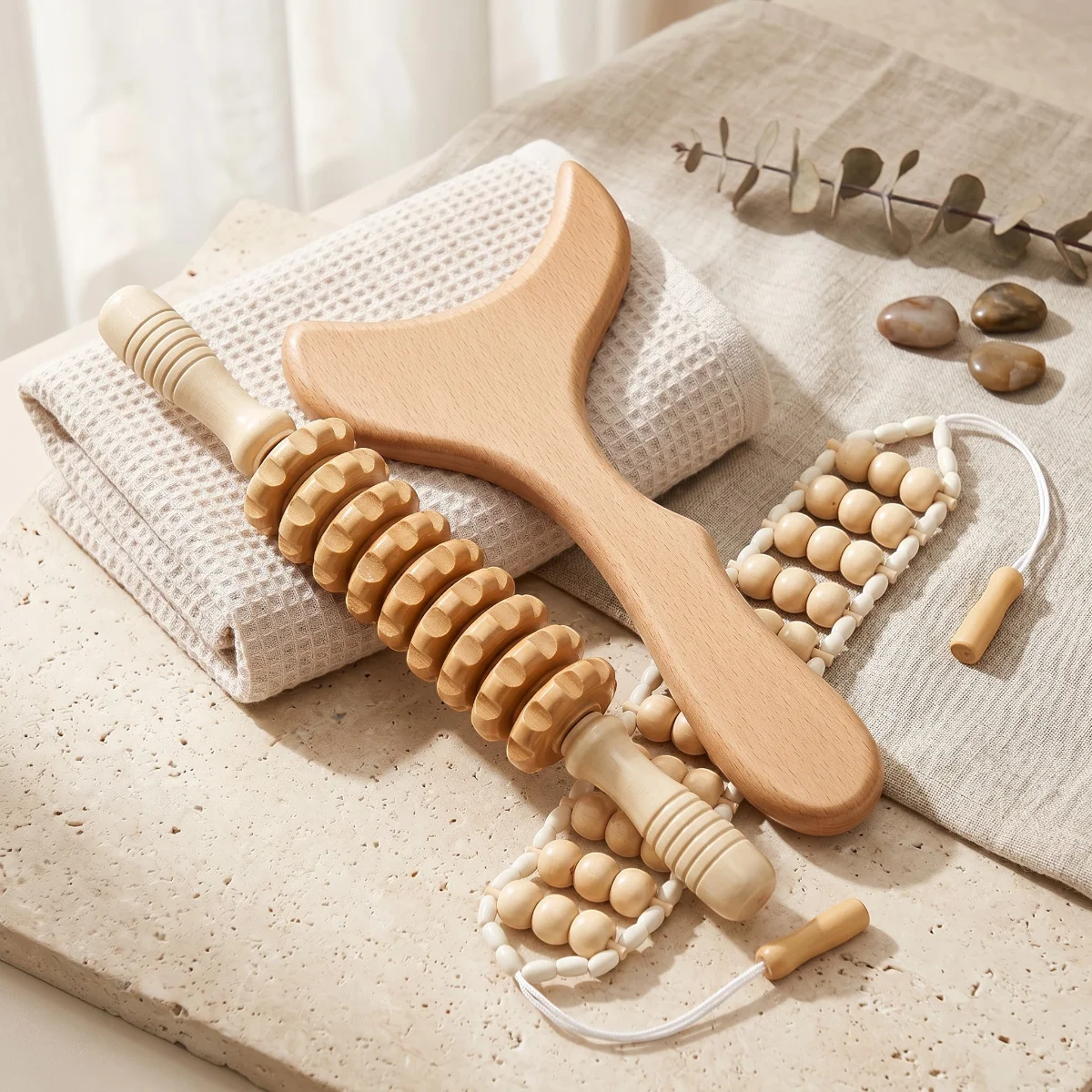 Wooden Gua Sha & Roller Massage Tools Set for Full Body Relaxation Muscle Recovery