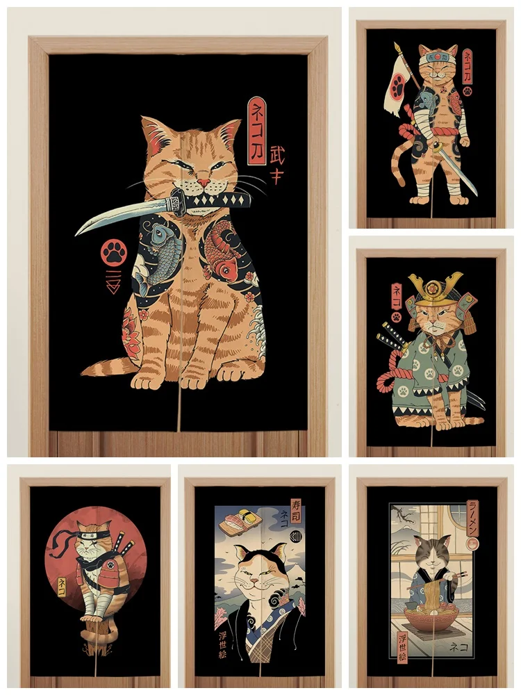 Samurai Cat Noren Curtain Japanese Ramen Food Shop Kitchen Cloth Doorway Curtains Oil Smoke Proof Partition Curtain No Punching