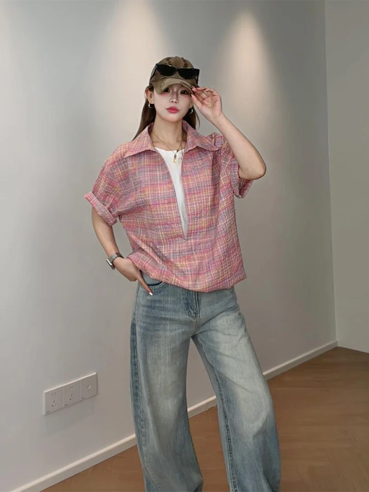 Pink Plaid Short Sleeve Shirt Men Women V Neck Splicing Summer Couple Checkered V Neck Sun Protection Outerwear Casual Style