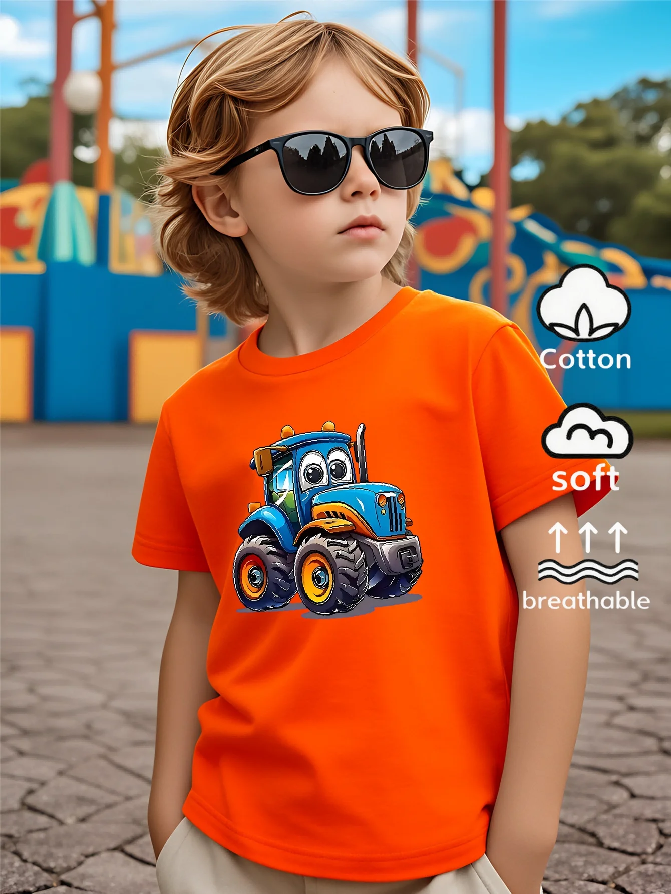 Children's Cute Blue Tractor Cartoon Printed Summer Street Round Neck Short Sleeved T-shirt Casual Soft and Comfortable