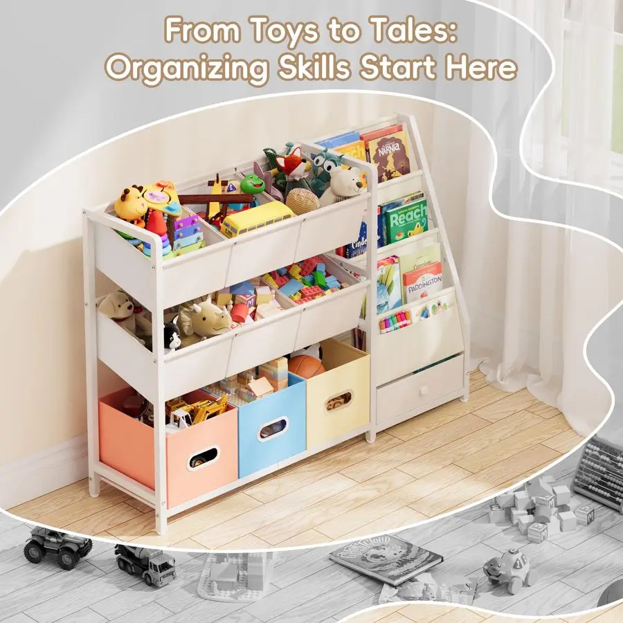 منظم تخزين رف كتب للأطفال وتخزين الألعاب مع 3 رف كتب و10 صناديق تخزين، تخزين غرفة لعب مونتيسوري للأطفال الصغار، #6