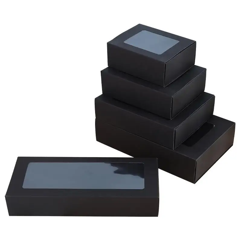 100Pcs Black Cardboard Boxes Drawer Slide Packaging Box With PVC Clear Window DIY Gift Box Wholesale ni40