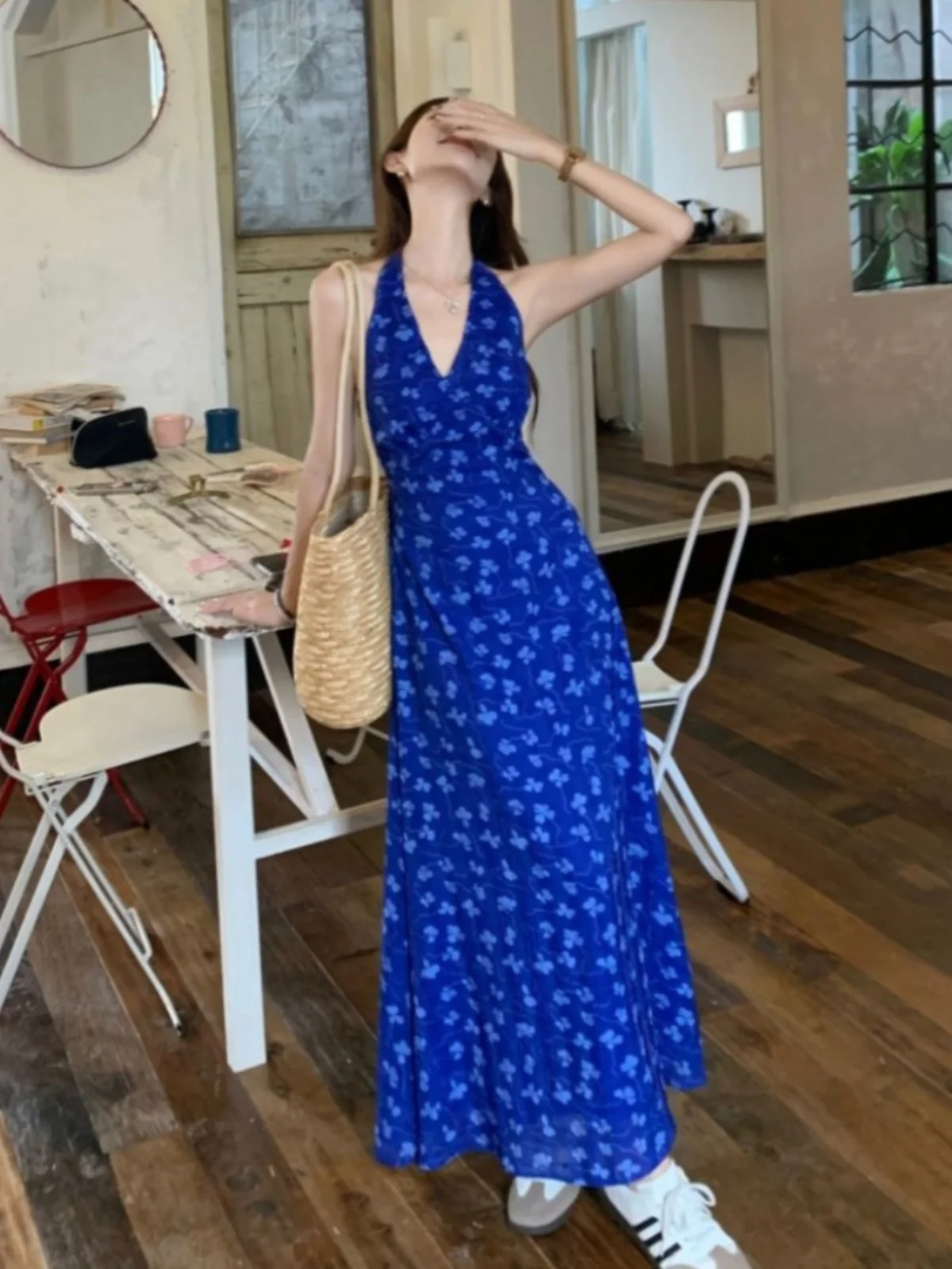 Klein Blue Floral Hanging Neck Sling Dress Women Spring and Summer Bright Tyland Sanya Seaside Beach Long dress