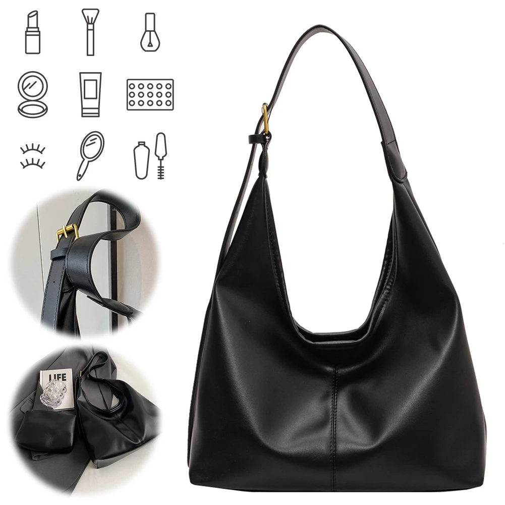 

2 pcs Women PU Leather Crossbody Bag Adjustable Strap Slouchy Hobo Bag Magnetic Closure Large Handbag Commuting Travel Bag