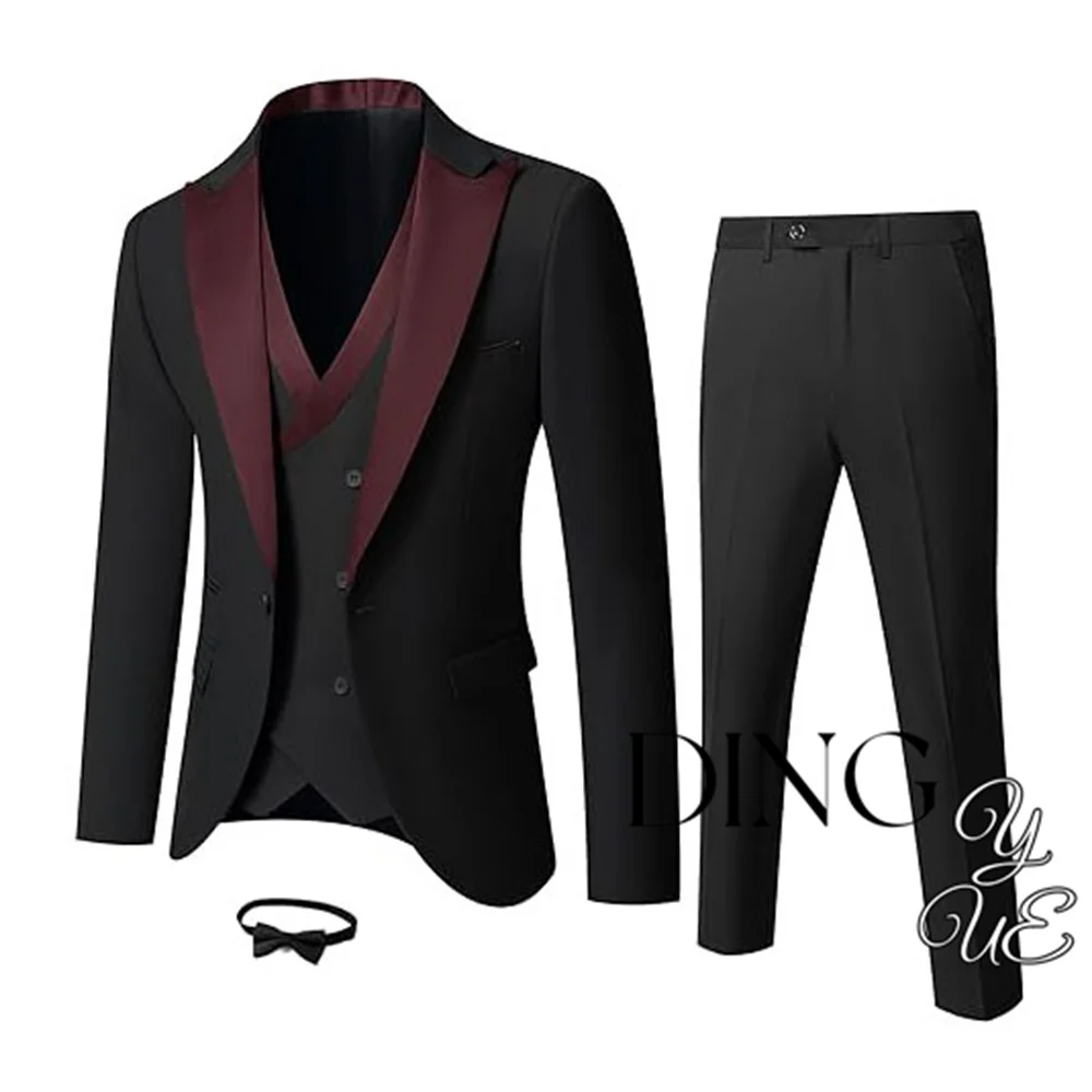 Business Men Suits 3 Piece Slim Fit Groom Tuxedos for Wedding Groomsmen Italian Style Suit Jacket with Double Breasted Vest Pant