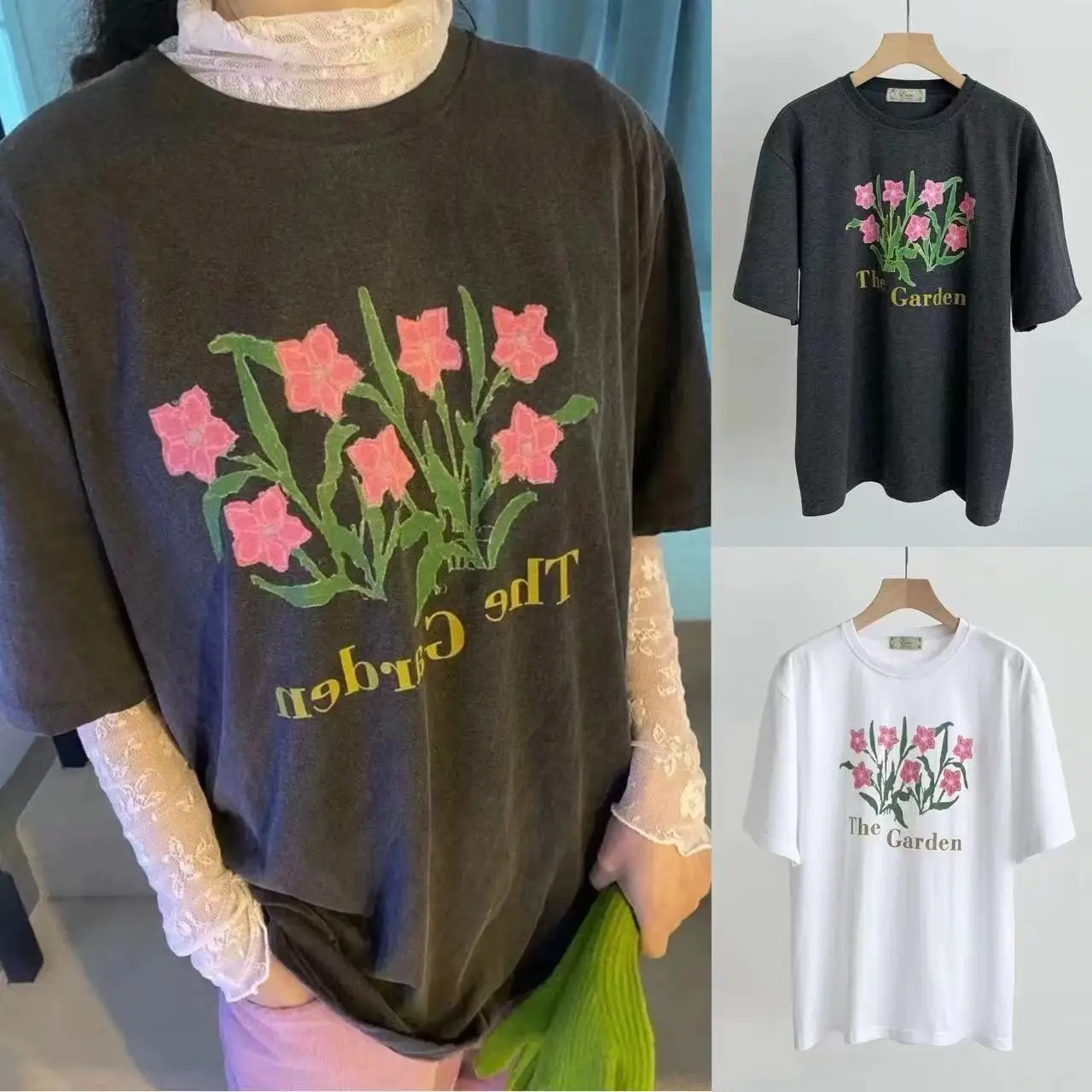 

Eun Vintage Spring Summer ort Sve round Ne Loose Casual T-irt Women's Cute Color Blo Floral Print Qui very