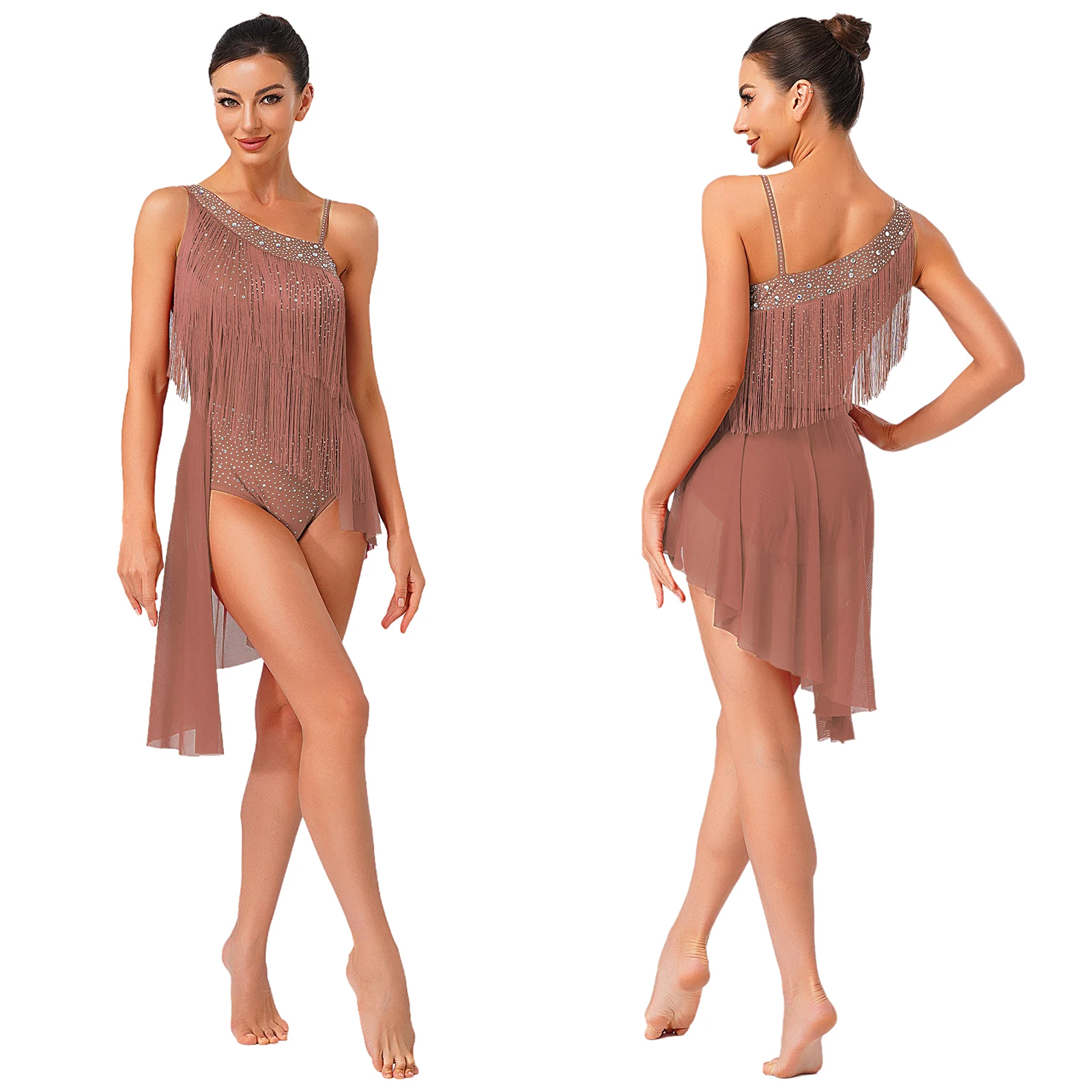 

Women Lyrical Latin Tango Ballet Tassel Dance Dress Asymmetrical Shoulder Rhinestones Leotard for Latin Dance Performance Wear