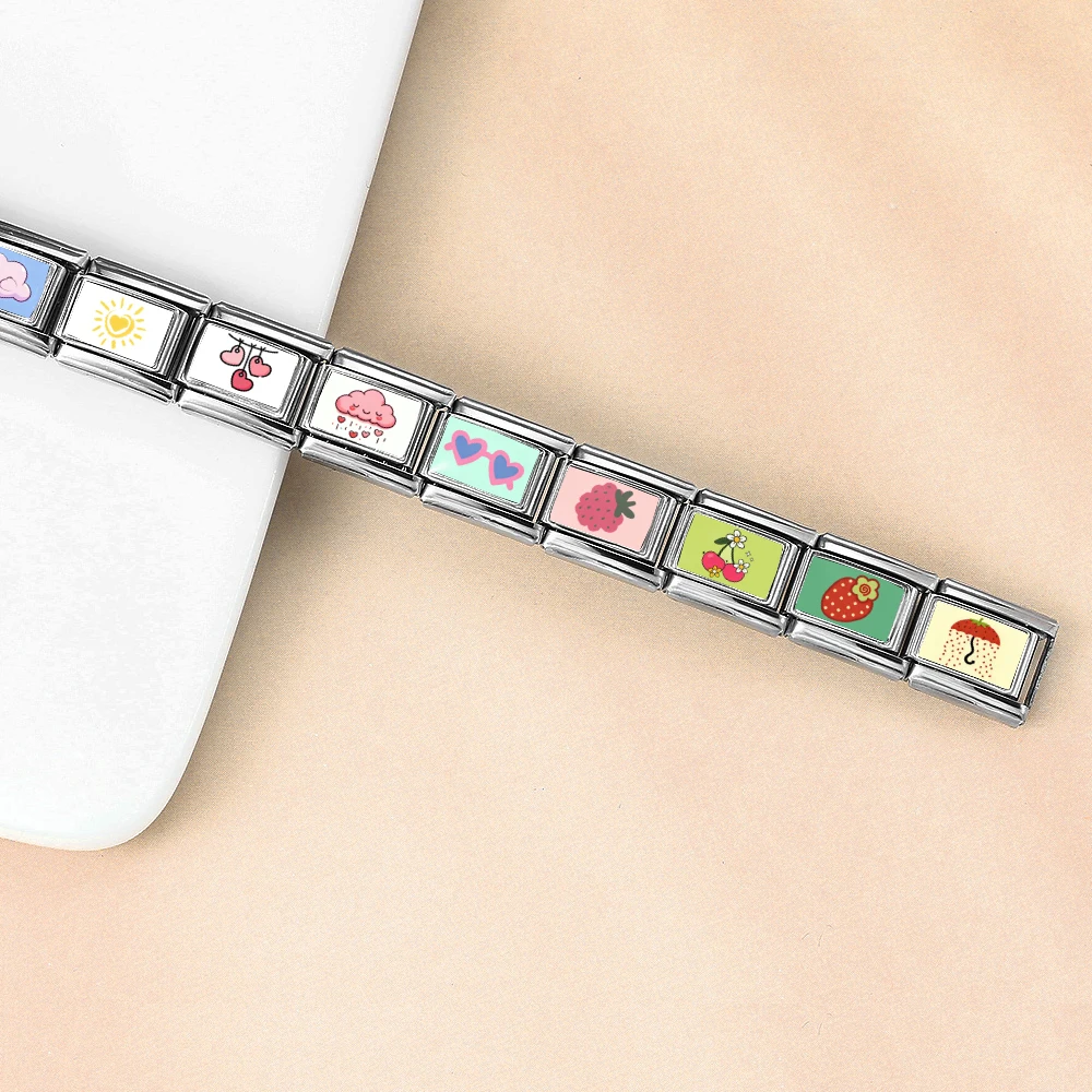 Modisches Original-Design Erdbeer-Kirsch-Wolken-Herz Italienische Gliederkette 9mm Edelstahl-Charm Schmuck DIY Armband-Herstellung – Detail 3