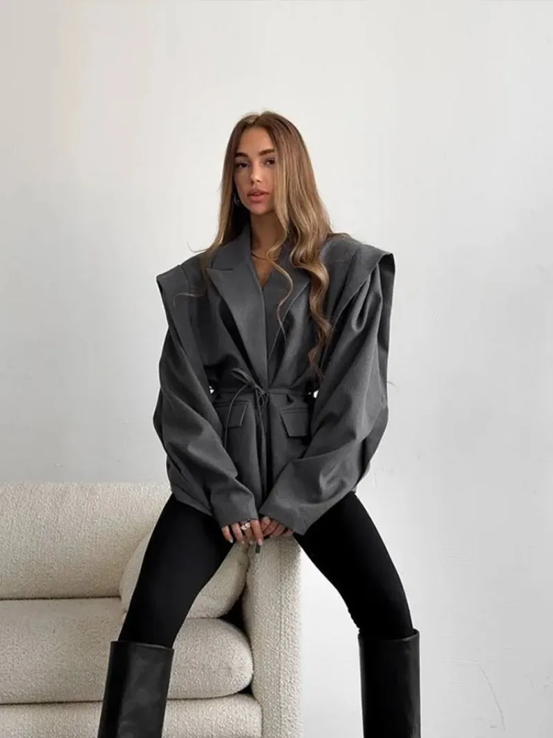 

Fashion Solid Color Lapel Oversize Blazer Suit Chic Long Sleeve Lace Up Single Breasted Jacket Lady Shoulder Pads Chic Outerwear