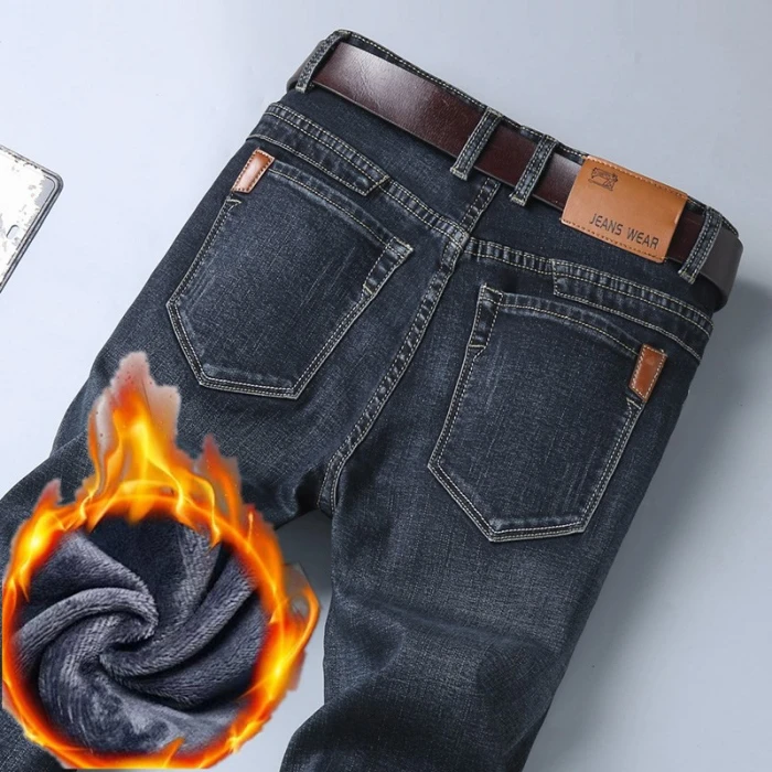 New Winter Warm Fleece Retro Men's Jeans Stretch Solid Color Denim Pants Work Thicken Cotton Blend Outdoors Trouser Plus Size 40
