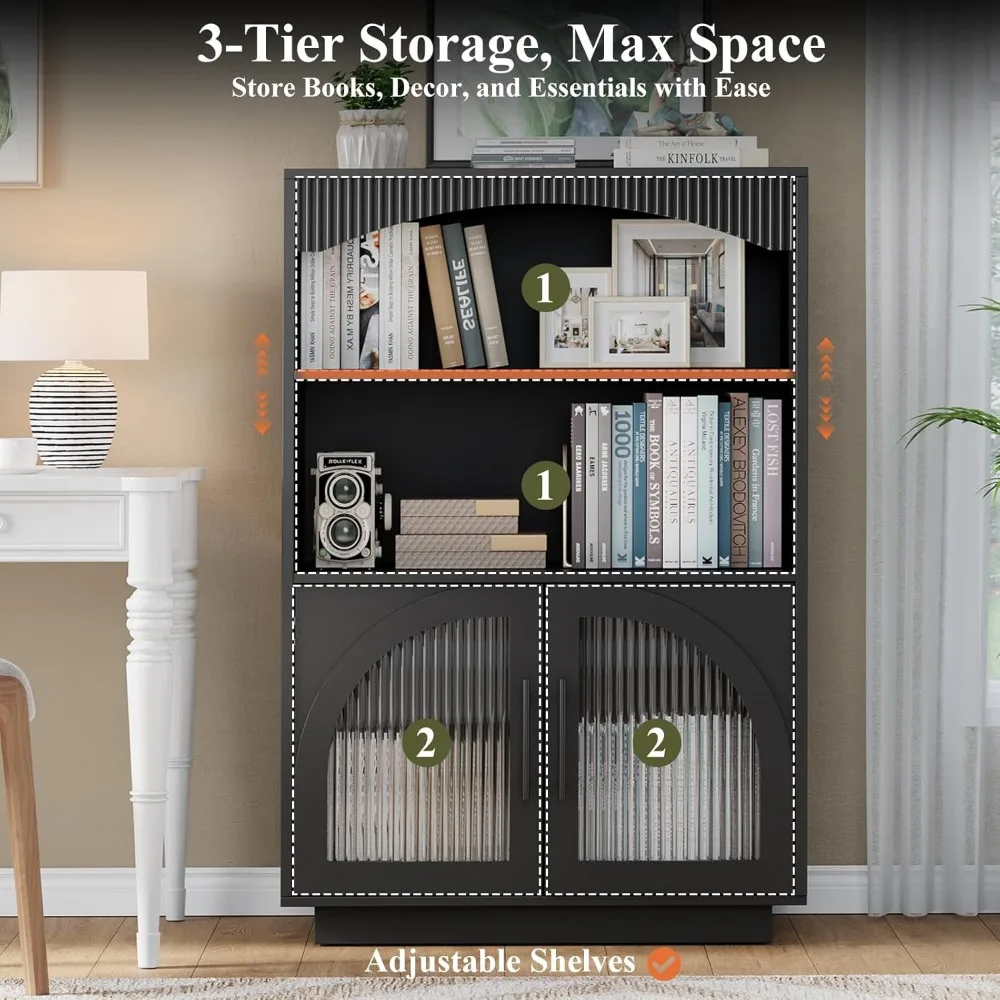 Exclusive 46 Bookshelf with Doors, Black Bookcase with Glass Door, 3 Tier Small Bookshelf w/Deep Storage Cabinet and Adjustable
